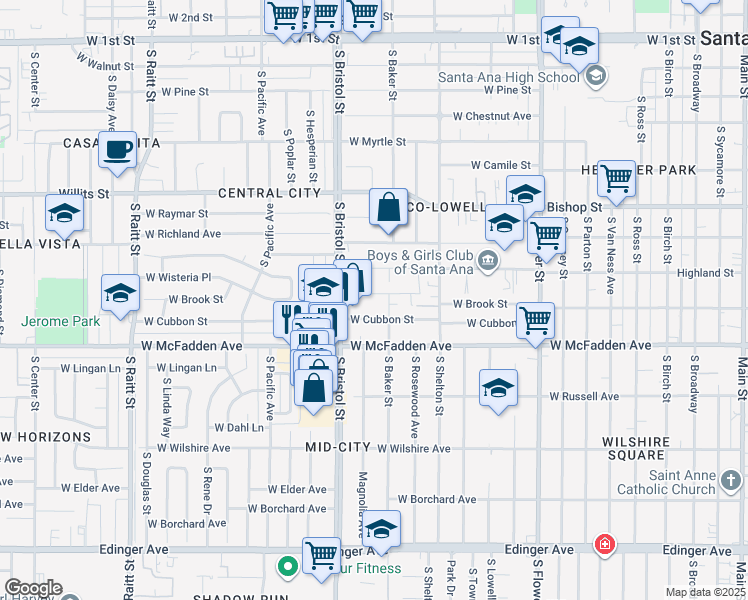 map of restaurants, bars, coffee shops, grocery stores, and more near 1213 West Brook Street in Santa Ana