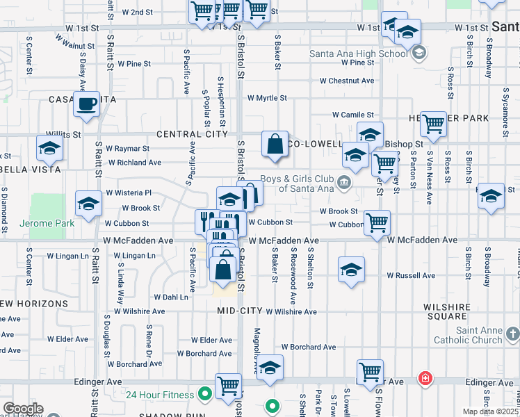map of restaurants, bars, coffee shops, grocery stores, and more near 1213 West Brook Street in Santa Ana