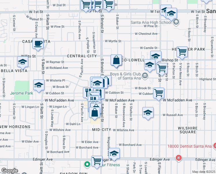 map of restaurants, bars, coffee shops, grocery stores, and more near 1213 West Brook Street in Santa Ana