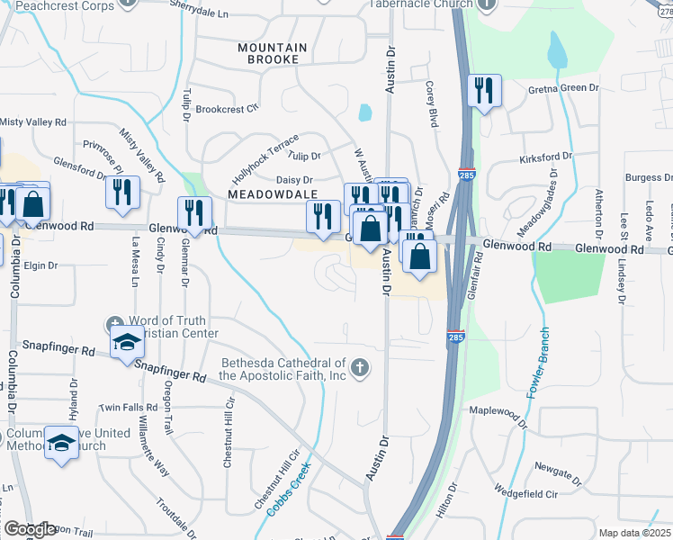 map of restaurants, bars, coffee shops, grocery stores, and more near 145 High Court Place in Decatur
