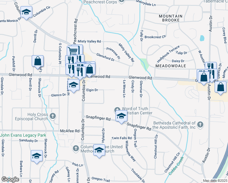 map of restaurants, bars, coffee shops, grocery stores, and more near 3471 Elgin Drive in Decatur