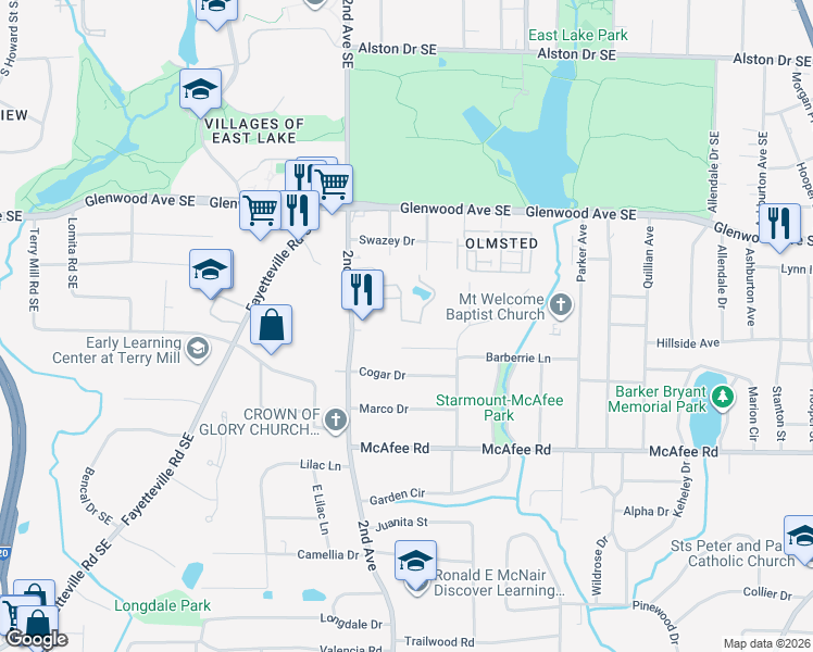 map of restaurants, bars, coffee shops, grocery stores, and more near 1106 Dancing Fox Road in Decatur