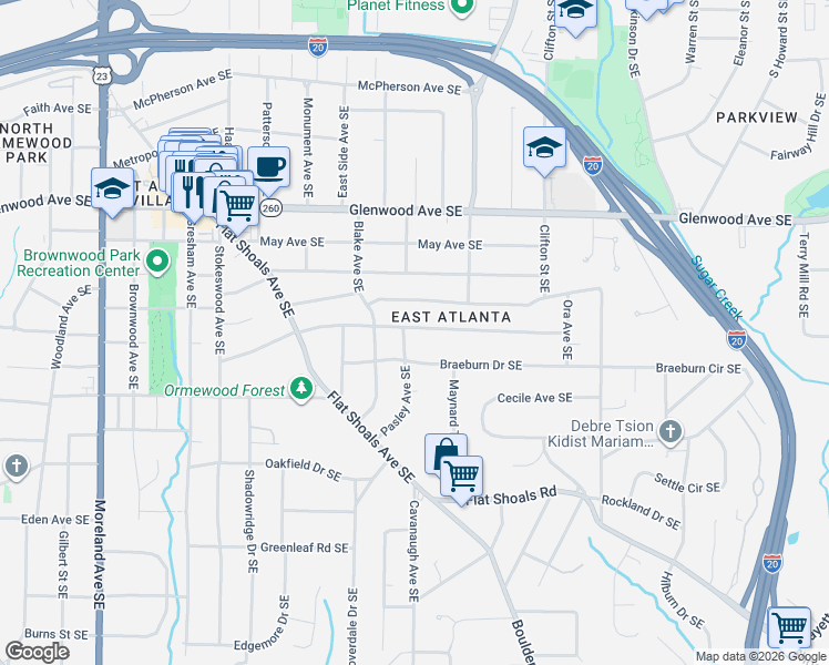 map of restaurants, bars, coffee shops, grocery stores, and more near 1536 Van Vleck Avenue Southeast in Atlanta