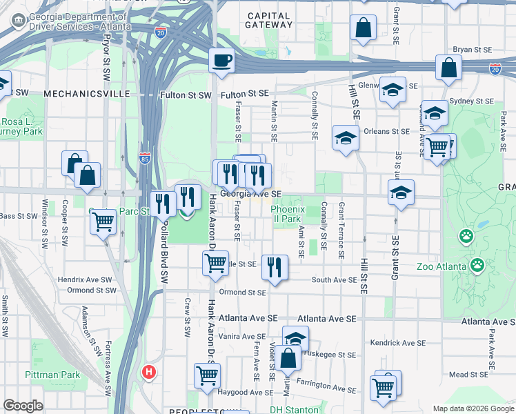 map of restaurants, bars, coffee shops, grocery stores, and more near 73 Georgia Avenue Southeast in Atlanta