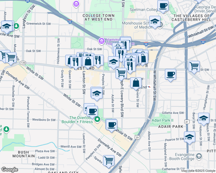 map of restaurants, bars, coffee shops, grocery stores, and more near 678 Peeples Street Southwest in Atlanta