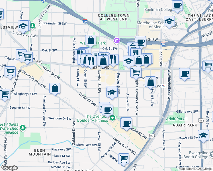 map of restaurants, bars, coffee shops, grocery stores, and more near 680 Lawton Street Southwest in Atlanta