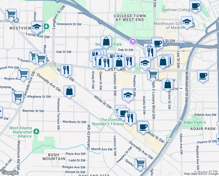map of restaurants, bars, coffee shops, grocery stores, and more near 1118 Lawton Place Southwest in Atlanta