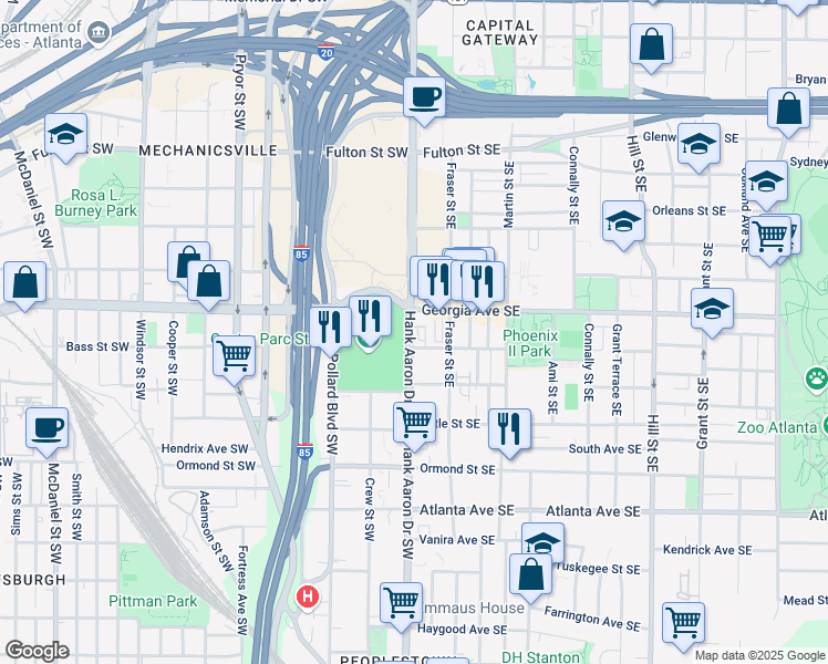 map of restaurants, bars, coffee shops, grocery stores, and more near 672 Hank Aaron Drive Southeast in Atlanta