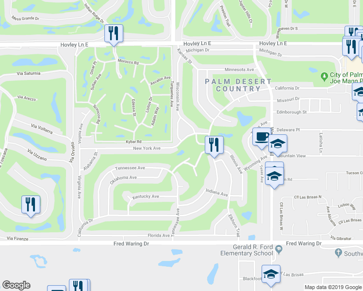 map of restaurants, bars, coffee shops, grocery stores, and more near 77041 New York Avenue in Palm Desert