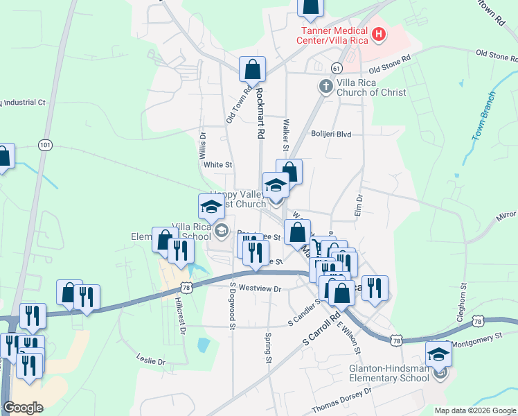 map of restaurants, bars, coffee shops, grocery stores, and more near 702 Magnolia Street in Villa Rica