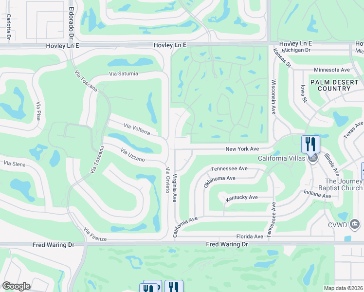map of restaurants, bars, coffee shops, grocery stores, and more near 76550 New York Avenue in Palm Desert