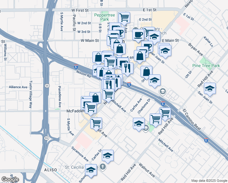 map of restaurants, bars, coffee shops, grocery stores, and more near 1041 Walter Avenue in Tustin