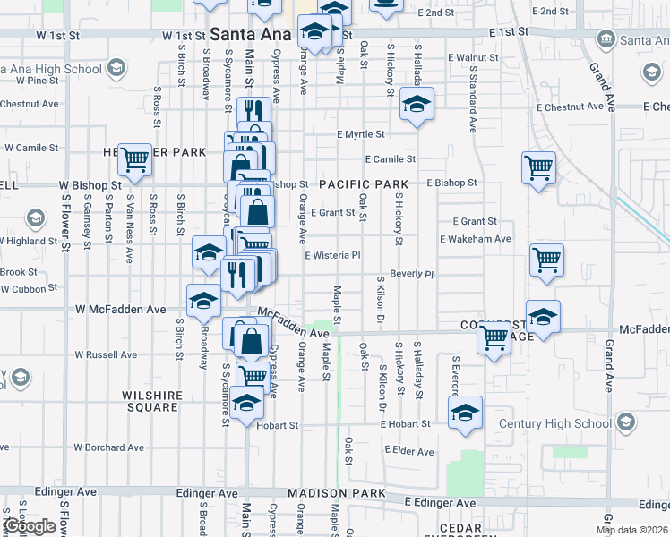 map of restaurants, bars, coffee shops, grocery stores, and more near 335 Beverly Place in Santa Ana