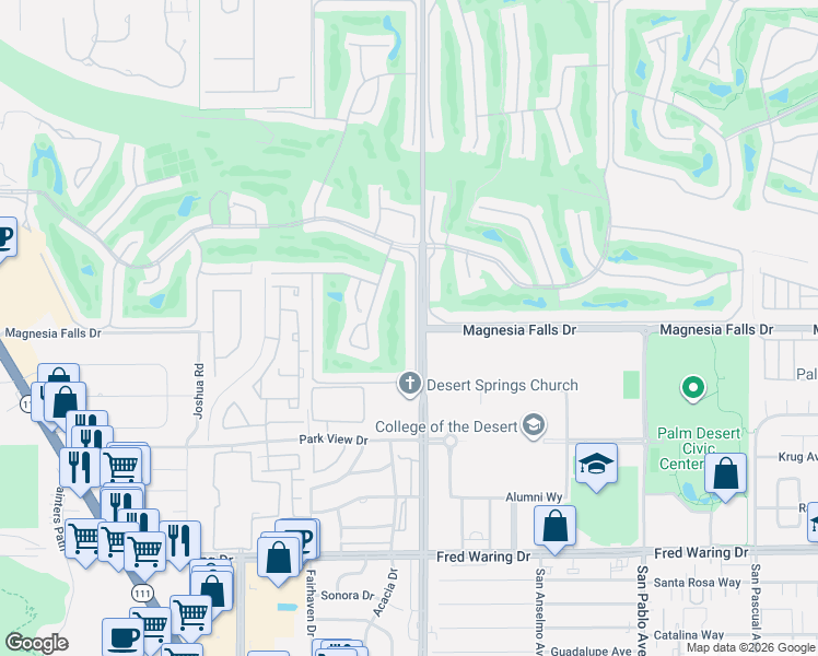 map of restaurants, bars, coffee shops, grocery stores, and more near 57 Torremolinos Drive in Rancho Mirage