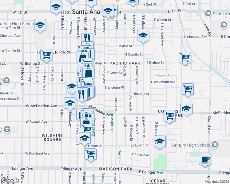 map of restaurants, bars, coffee shops, grocery stores, and more near 335 Beverly Place in Santa Ana
