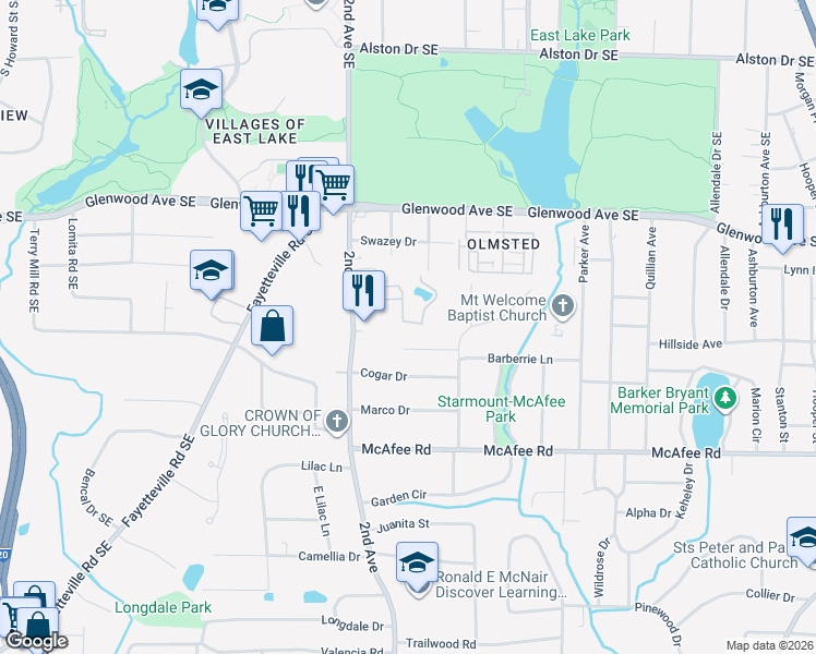 map of restaurants, bars, coffee shops, grocery stores, and more near 1106 Dancing Fox Road in Decatur