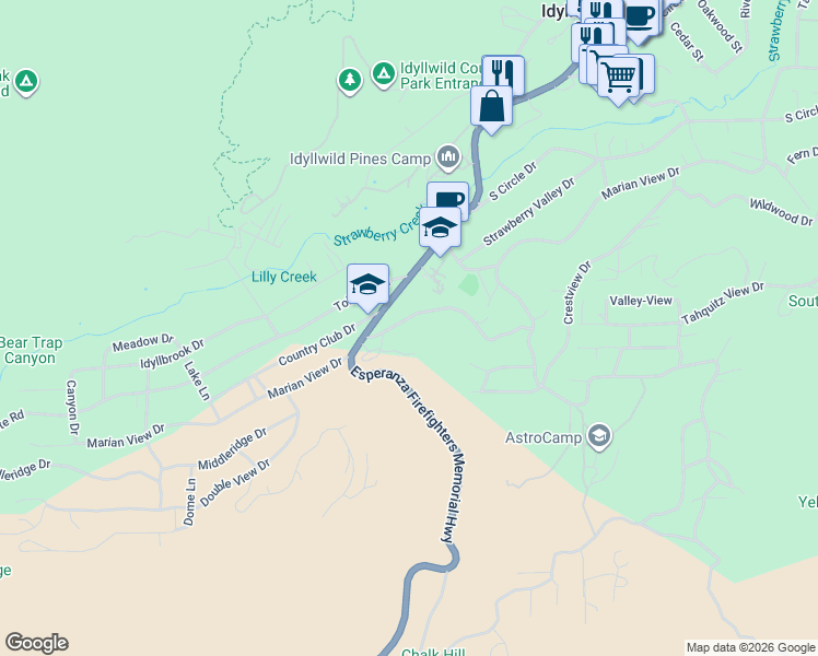 map of restaurants, bars, coffee shops, grocery stores, and more near 53825 Marian View Drive in Idyllwild-Pine Cove