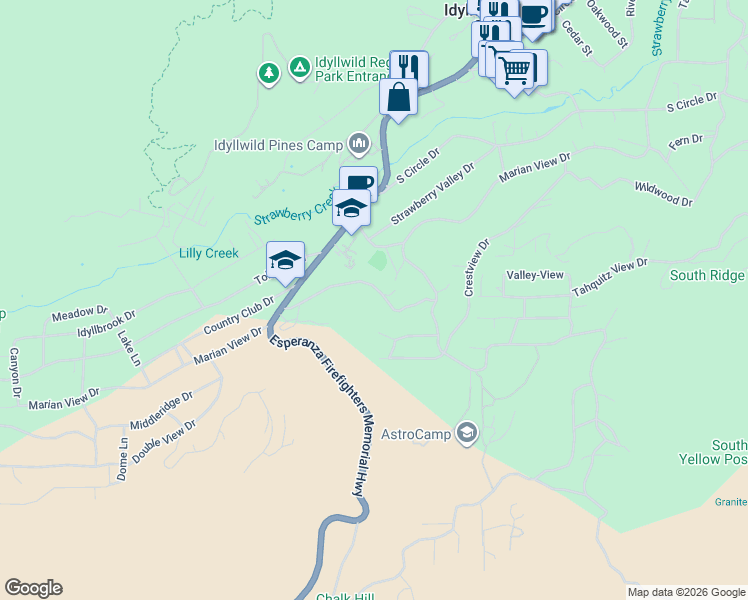 map of restaurants, bars, coffee shops, grocery stores, and more near 53961 Marian View Drive in Idyllwild-Pine Cove