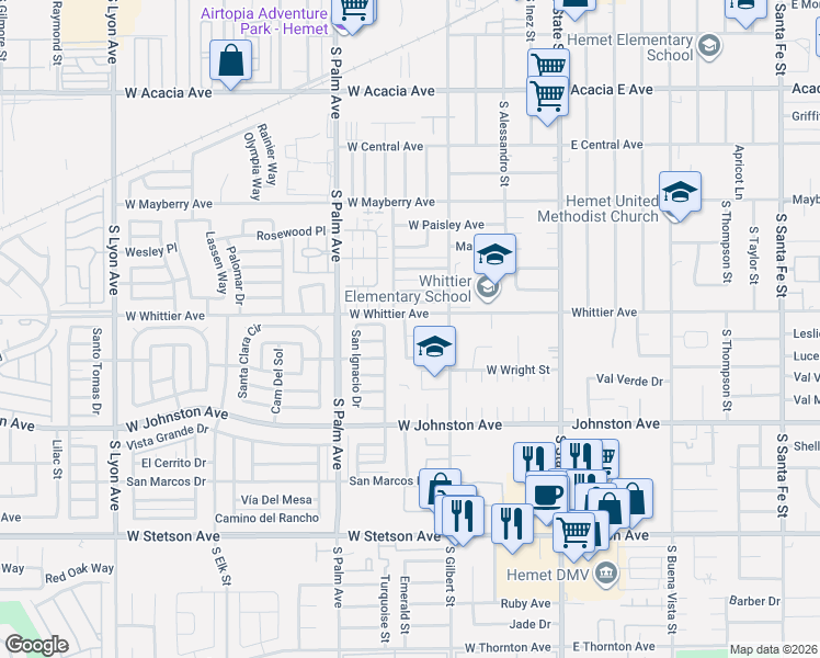 map of restaurants, bars, coffee shops, grocery stores, and more near 670 La Mancha Place in Hemet