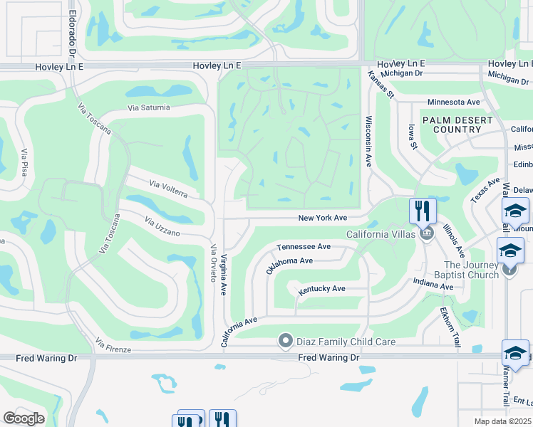 map of restaurants, bars, coffee shops, grocery stores, and more near 76670 New York Avenue in Palm Desert
