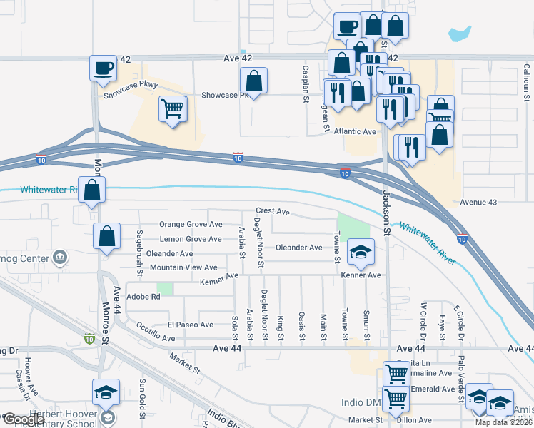 map of restaurants, bars, coffee shops, grocery stores, and more near 82620 Crest Avenue in Indio