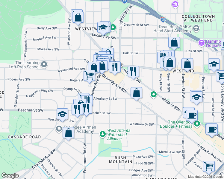 map of restaurants, bars, coffee shops, grocery stores, and more near 1402 Oglethorpe Avenue Southwest in Atlanta