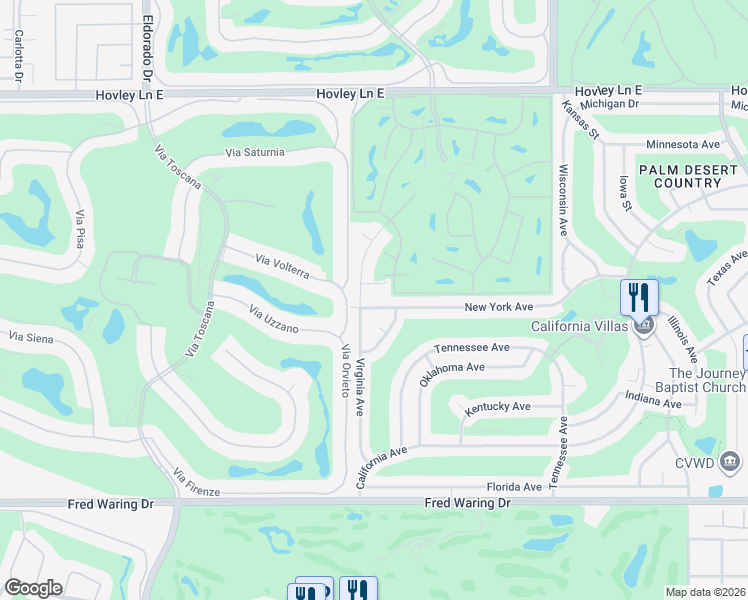 map of restaurants, bars, coffee shops, grocery stores, and more near 76550 New York Avenue in Palm Desert