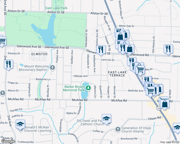 map of restaurants, bars, coffee shops, grocery stores, and more near 552 Allendale Drive in Decatur