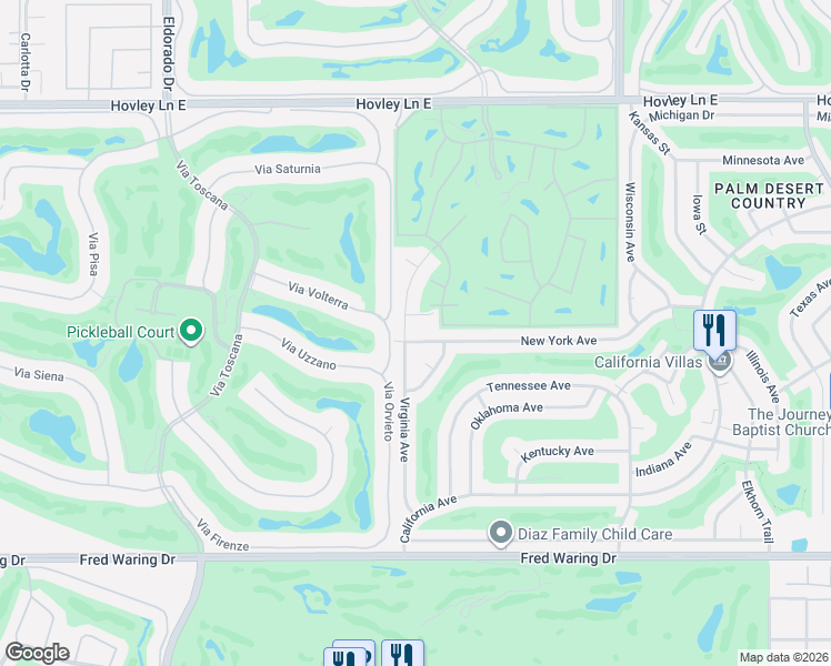 map of restaurants, bars, coffee shops, grocery stores, and more near 76529 Clifton Forge Street in Palm Desert
