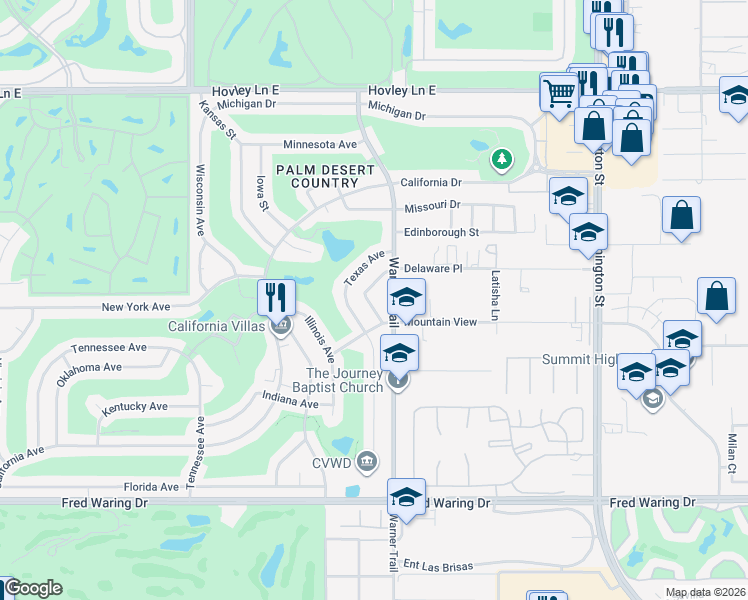 map of restaurants, bars, coffee shops, grocery stores, and more near 43100 Delaware Street in Palm Desert
