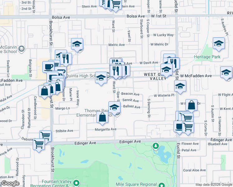 map of restaurants, bars, coffee shops, grocery stores, and more near 15611 Spar Street in Garden Grove