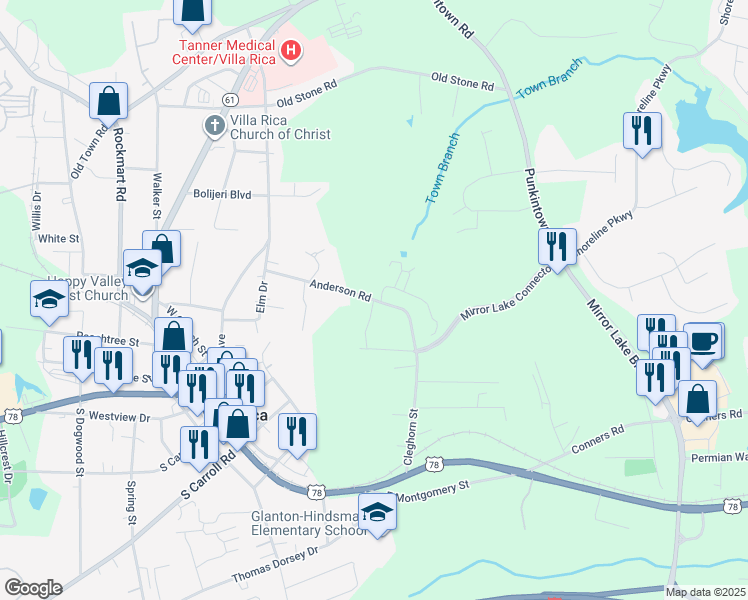 map of restaurants, bars, coffee shops, grocery stores, and more near 108 Anderson Road in Villa Rica