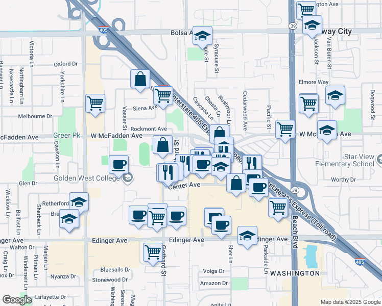map of restaurants, bars, coffee shops, grocery stores, and more near in Huntington Beach