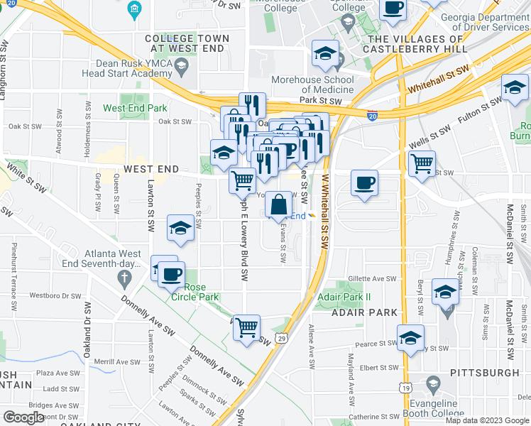 map of restaurants, bars, coffee shops, grocery stores, and more near Oglethorpe Ave in Atlanta