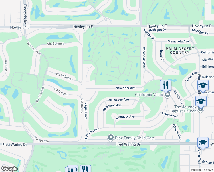 map of restaurants, bars, coffee shops, grocery stores, and more near 76724 Kybar Road in Palm Desert