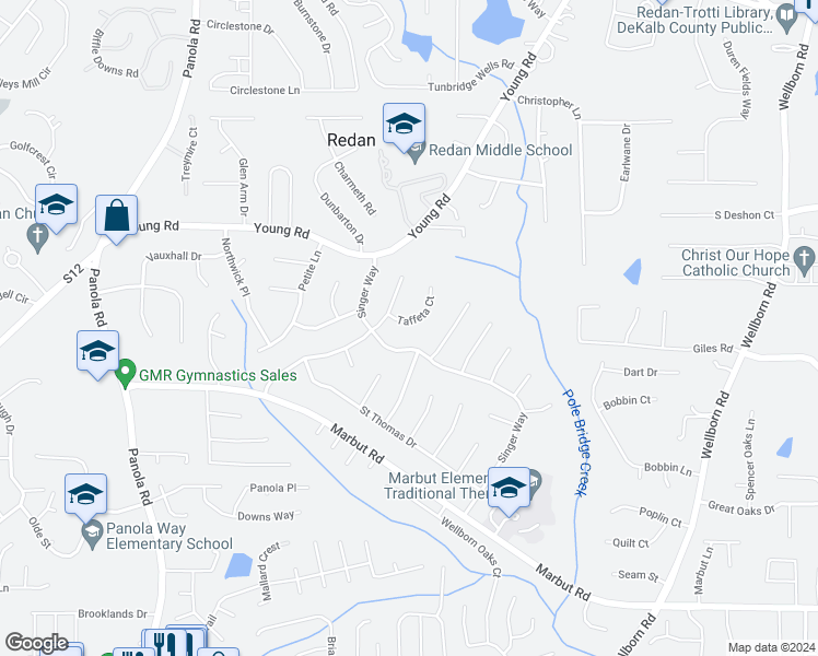 map of restaurants, bars, coffee shops, grocery stores, and more near 5734 Taffeta Court in Lithonia