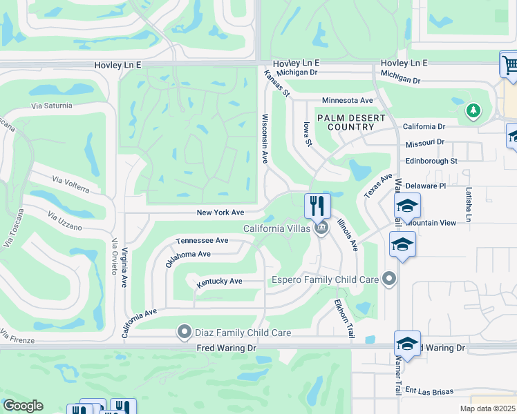 map of restaurants, bars, coffee shops, grocery stores, and more near 77010 New York Avenue in Palm Desert