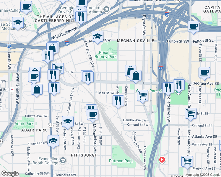 map of restaurants, bars, coffee shops, grocery stores, and more near 678 Garibaldi Street Southwest in Atlanta
