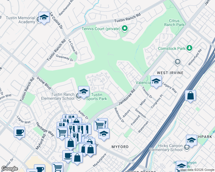map of restaurants, bars, coffee shops, grocery stores, and more near 12612 Nicklaus Lane in Tustin