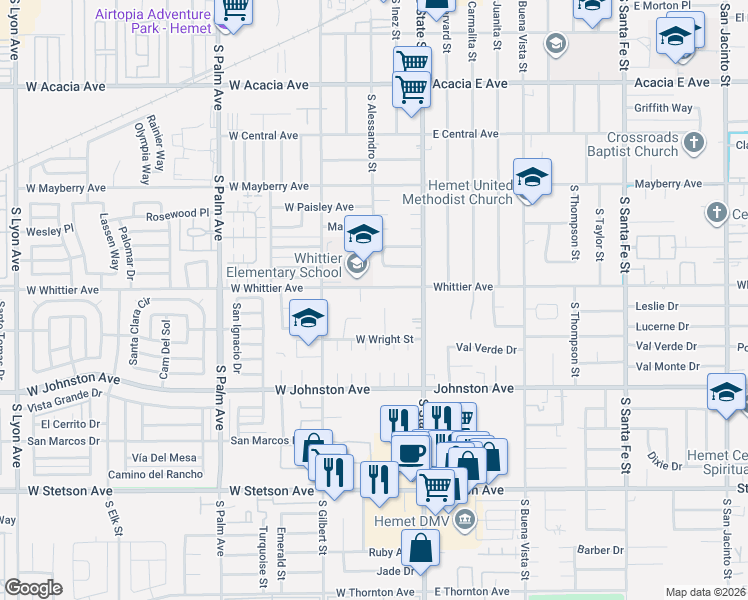 map of restaurants, bars, coffee shops, grocery stores, and more near 221 West Whittier Avenue in Hemet
