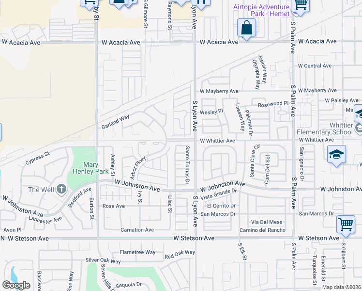 map of restaurants, bars, coffee shops, grocery stores, and more near 1774 Santiago Way in Hemet