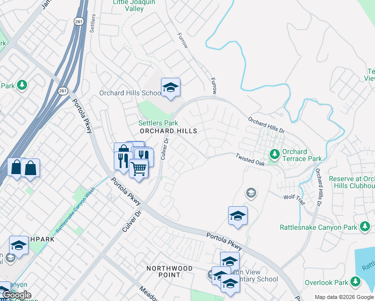map of restaurants, bars, coffee shops, grocery stores, and more near 62 Wrangler in Irvine