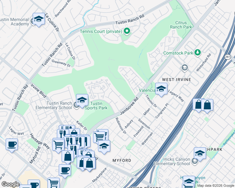 map of restaurants, bars, coffee shops, grocery stores, and more near 2885 Player Lane in Tustin