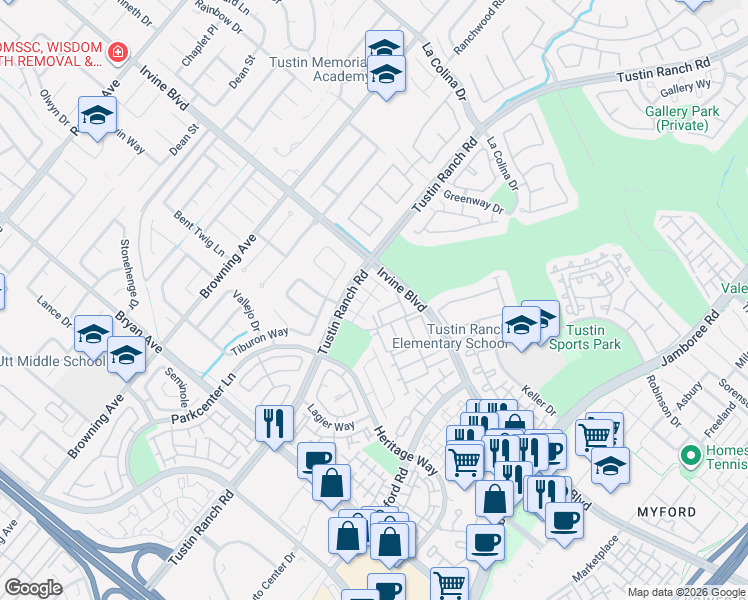 map of restaurants, bars, coffee shops, grocery stores, and more near 13044 Arborwalk Lane in Tustin