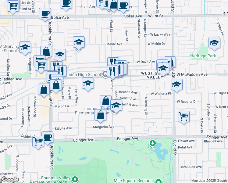 map of restaurants, bars, coffee shops, grocery stores, and more near 10372 West McFadden Avenue in Westminster