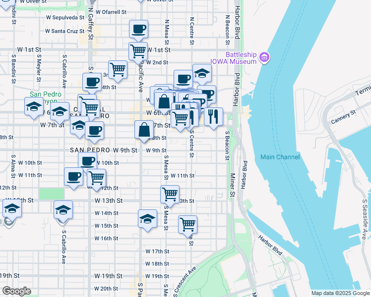 map of restaurants, bars, coffee shops, grocery stores, and more near 817 South Centre Street in Los Angeles