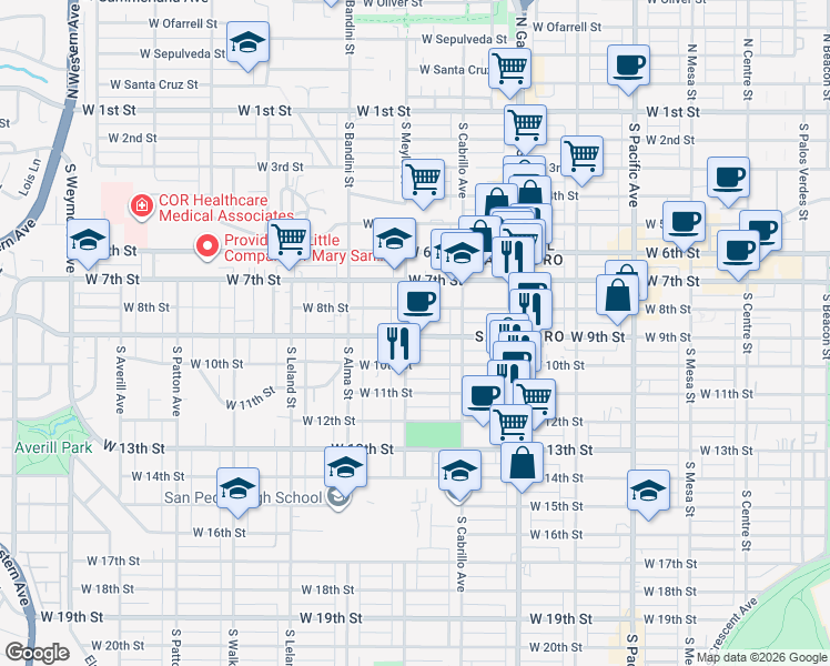 map of restaurants, bars, coffee shops, grocery stores, and more near 870 West 9th Street in Los Angeles