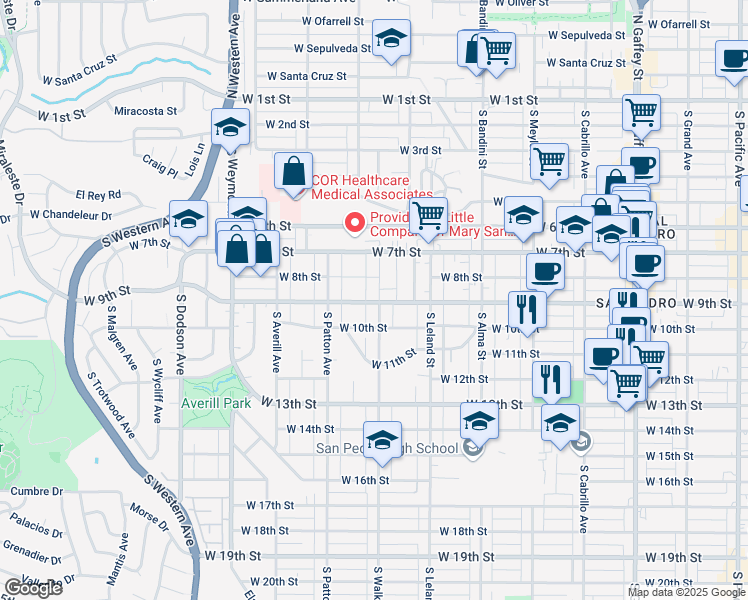map of restaurants, bars, coffee shops, grocery stores, and more near 829 South Walker Avenue in Los Angeles