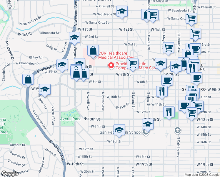 map of restaurants, bars, coffee shops, grocery stores, and more near 1274 West 9th Street in Los Angeles
