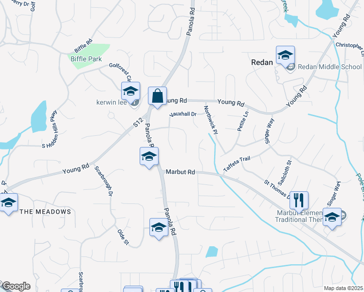 map of restaurants, bars, coffee shops, grocery stores, and more near 5509 Covent Way in Lithonia